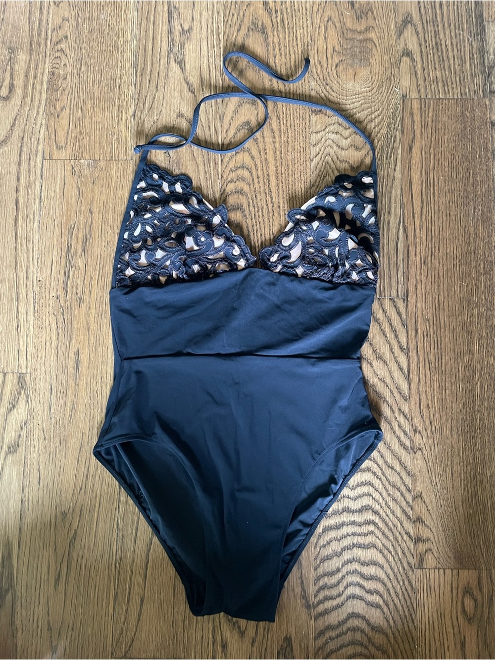 Sauvage Lavish Laser-cut Black One-Piece Swimsuit with Lace Detail - Size L